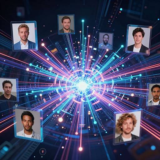 Photograph of a digital explosion with colorful light rays and eight framed headshots of diverse men, centered on a glowing white core.