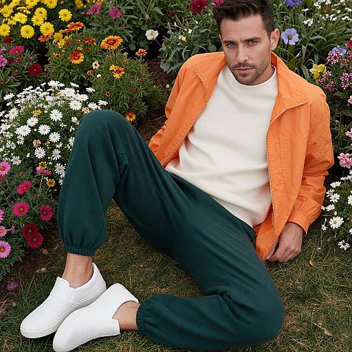 Photograph of a man with short dark hair, orange jacket, white sweater, black pants, and white sneakers, sitting on grass among colorful flowers.