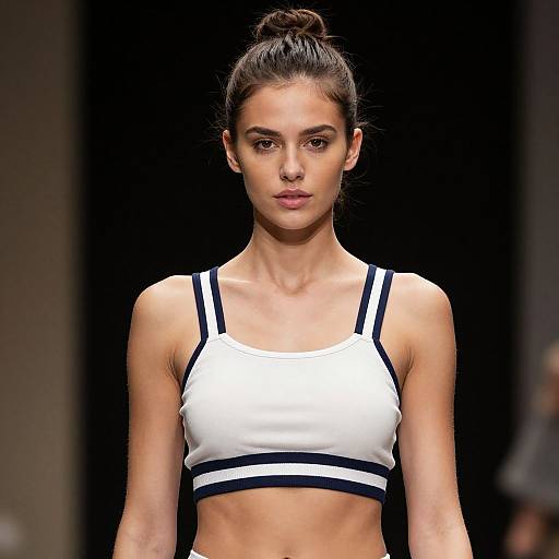 Photograph of a slender, brown-haired woman with a bun, wearing a white sports bra with black straps, walking on a dark runway.