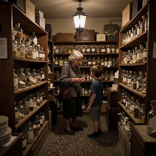 Photograph of elderly woman with white hair and glasses, wearing gray coat, showing bottles to young boy in blue shirt, in dimly lit, narrow