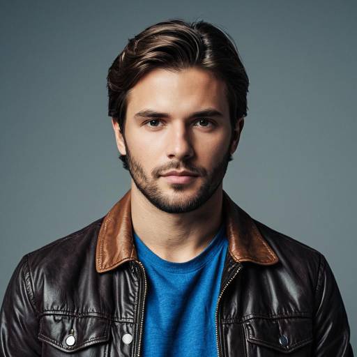 Young Man in Leather Jacket and Blue Shirt