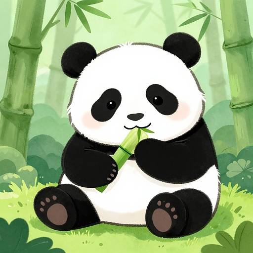 Cute digital drawing of a chubby black-and-white panda sitting in a green bamboo forest, holding and eating a green bamboo leaf.