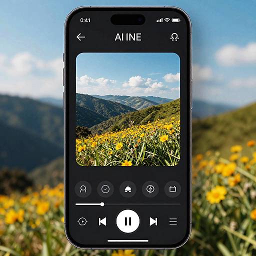 Photograph of a black AINE smartphone displaying a vibrant yellow wildflower field against mountainous background, with clear blue sky and white clouds, in sharp