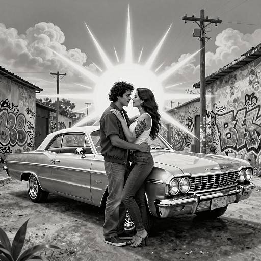 Chicano Art Couple Embrace with Lowrider Car
