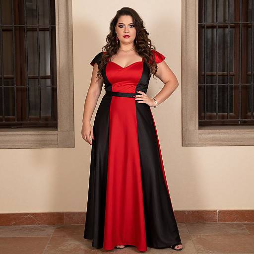 Photograph of a curvy woman with long, curly brown hair, wearing a red and black floor-length gown, standing against a beige wall with two