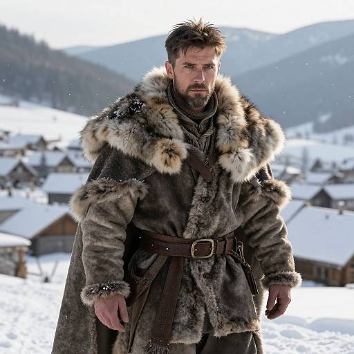 Photograph of a rugged, bearded man in a fur-lined winter cloak, standing in a snow-covered village with mountains in the background.
