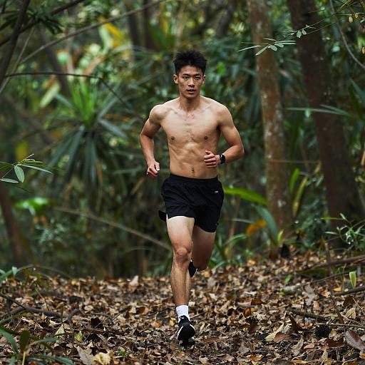 Photograph of a muscular, shirtless Asian man running through a dense, leafy forest wearing black shorts and white socks with black shoes.