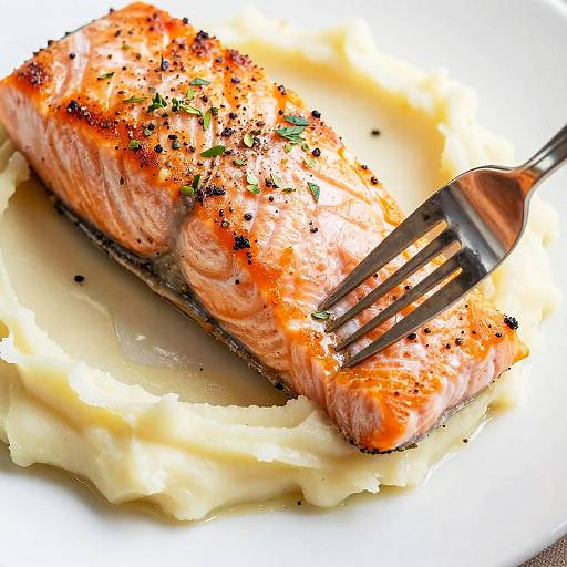 Photograph of a seared salmon fillet garnished with black pepper and chopped herbs, atop creamy mashed potatoes, with a fork resting on the top