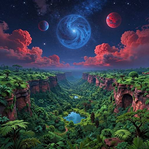 Digital artwork of a lush, verdant canyon under a vibrant night sky with red clouds, glowing blue swirl galaxy, and three red planets. A reflective