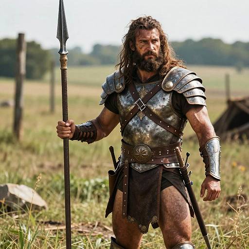 Photograph of a muscular, bearded man with long brown hair, wearing ancient Roman-style silver armor and black loincloth, holding a spear in