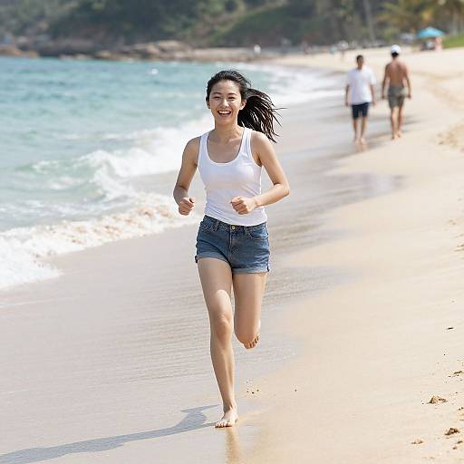 Photograph of an Asian woman with black hair, smiling, running barefoot on a sunny beach in a white tank top and denim shorts, with turquoise
