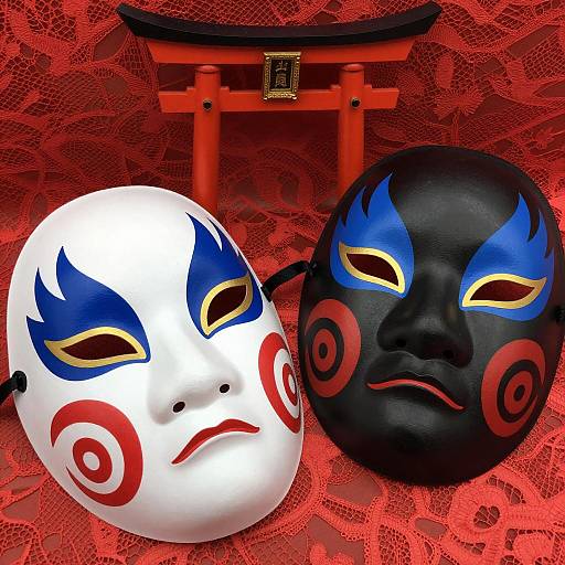 Vibrant Japanese Masks on Red Lace