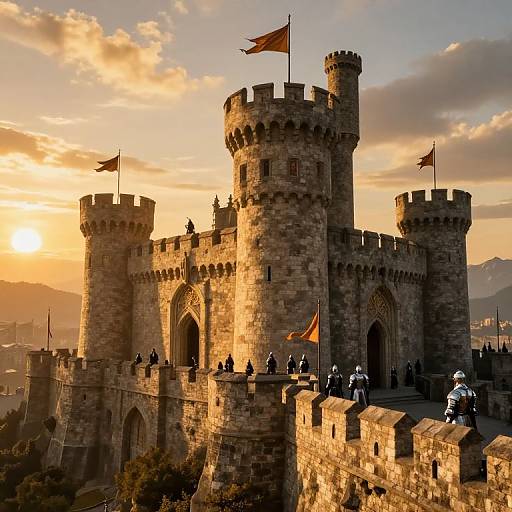 Photograph of a medieval stone castle at sunset, with crenellated towers, orange flags, and silhouetted figures on the walls.