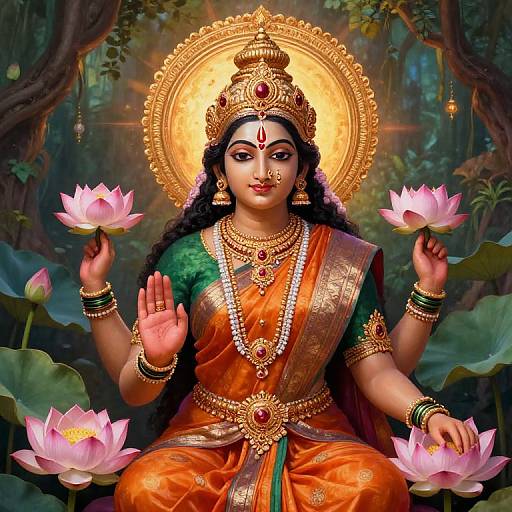 Digital art of a goddess with dark skin, wearing an orange and green sari, holding pink lotus flowers, golden headdress, and jewelry,