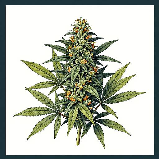 Detailed digital illustration of a cannabis plant with green leaves and small orange buds, centered against a white background.