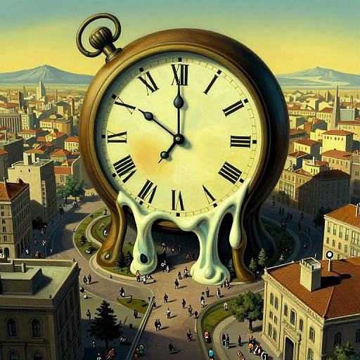 Digital art: Giant clock with Roman numerals and melting legs towers over a bustling cityscape, with tiny people below. Bright, surreal style.