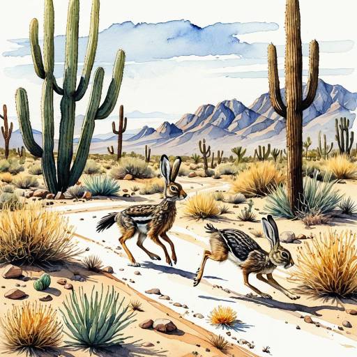 Desert Scene with Jackrabbits and Cacti