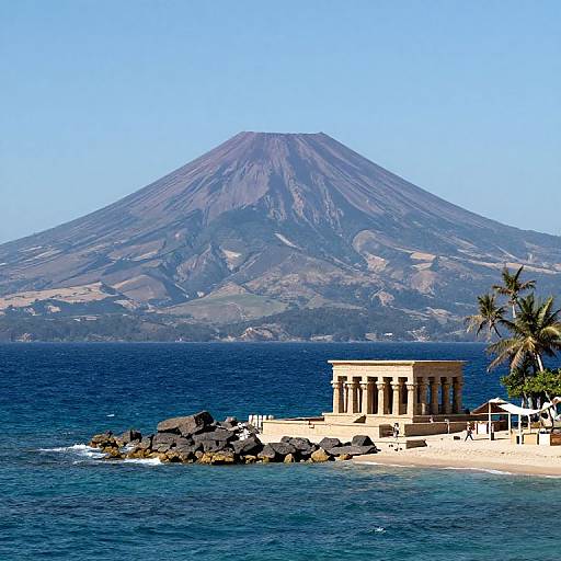 Photograph of a Greek-style temple on a rocky shore with a large, volcanic mountain and blue ocean in the background. Palm tree on the right.
