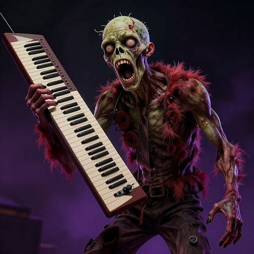 Digital artwork of a horror zombie with greenish skin, wide eyes, and sharp teeth, playing a keyboard with dark, tattered clothes and purple lighting