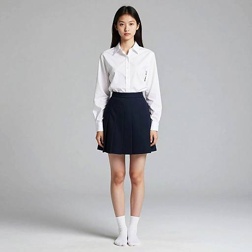 Photograph of an Asian woman with straight black hair, wearing a white button-up shirt, black skirt, white socks, and white shoes, standing against