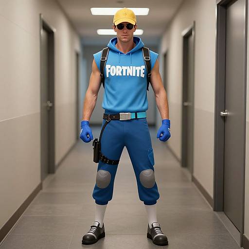 Photorealistic image of a muscular man in a blue 