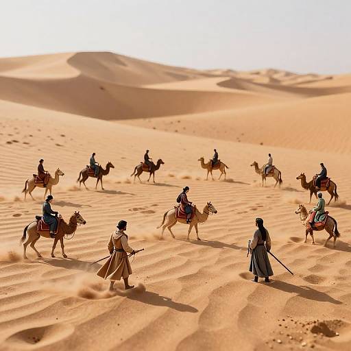 Photograph of a desert scene with a leader on foot, followed by nine mounted riders on camels, moving across sunlit, rippled sand d