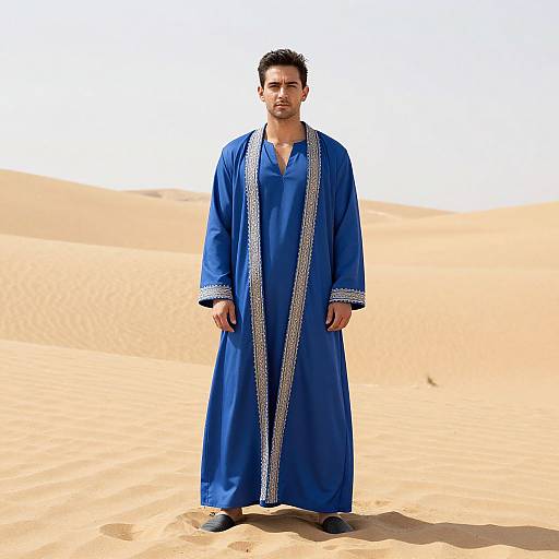 Photograph of a young man with short black hair, wearing a blue traditional robe with white embroidery, standing in a bright, sandy desert.