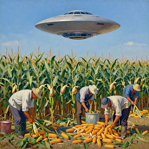 Digital painting of four farmers in white hats harvesting corn under a hovering UFO, with bright blue sky and tall cornstalks.