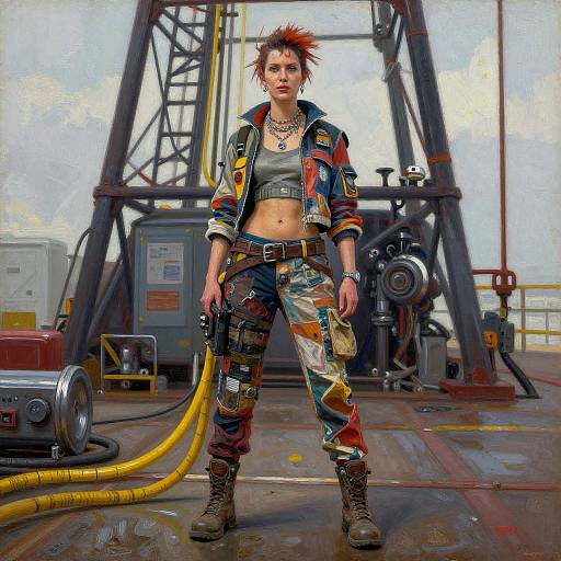 Digital painting of a punk woman with red spiky hair, colorful patched jacket, and camouflage pants, standing in an industrial setting with yellow pipes and machinery