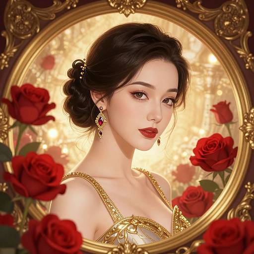 Digital painting of an elegant Asian woman with fair skin, red lipstick, and black hair in an updo, wearing gold jewelry, framed by red roses