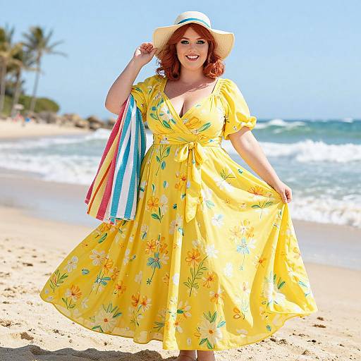 Photograph of a smiling red-haired woman in a bright yellow floral dress, wide-brimmed hat, holding colorful shopping bags on a sunny beach with