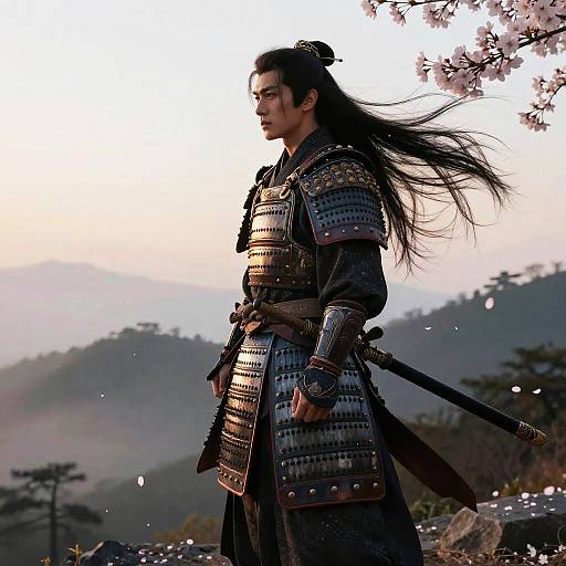 Samurai Warrior with Flowing Hair on Misty Mountain Top