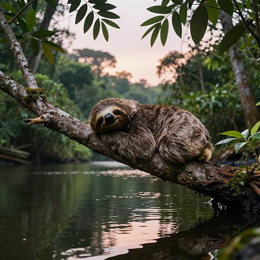 Photograph of a sloth with shaggy brown fur, lounging on a moss-covered tree branch over a tranquil, reflective jungle river at sunset