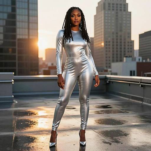 Photograph of a Black woman with long dreadlocks, wearing a shiny silver long-sleeve bodysuit and matching leggings, standing on a rooftop