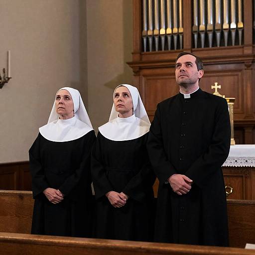 Pensive Nuns and Priest in Church