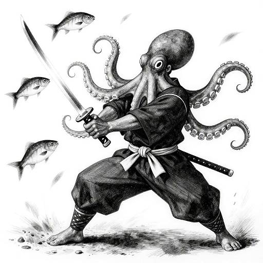 Samurai Octopus Etching: Katana and Fish