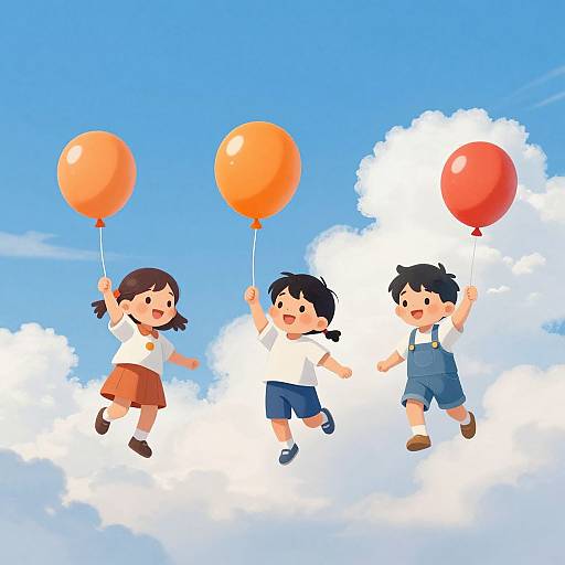 Digital illustration of three children with black hair, flying against a bright blue sky with white clouds, each holding an orange balloon.