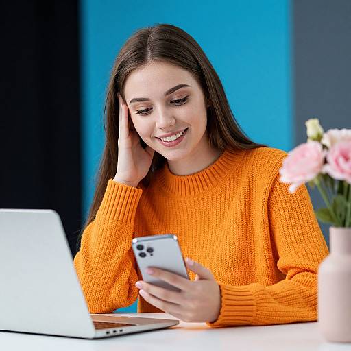 Photograph of a smiling young woman with long brown hair, wearing an orange knit sweater, using a smartphone at a table with a laptop and pink flowers