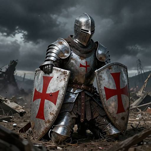 Photograph of a weathered, armored knight with red cross shields, standing in a stormy, war-torn landscape of debris and dark skies.