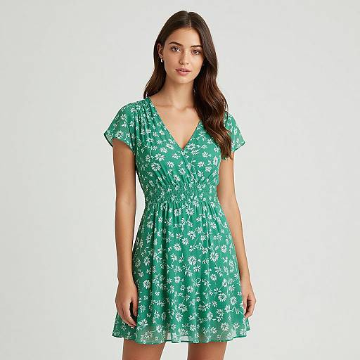 Photograph of a young woman with long dark hair, wearing a green, short-sleeved, V-neck dress with white floral patterns, standing against