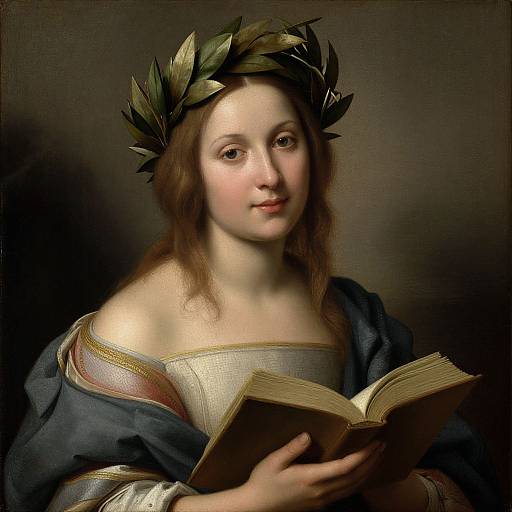 Baroque-style painting of a fair-skinned, brown-haired woman with a laurel wreath, wearing a blue robe, holding an open book,