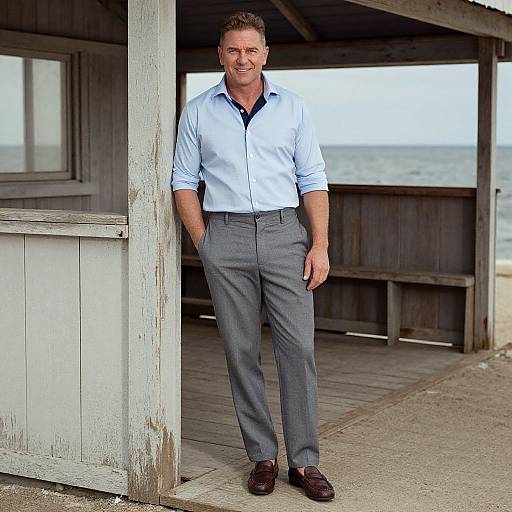 Photograph of a tall, attractive, white man with short brown hair, wearing a light blue shirt and gray pants, standing in a weathered wooden
