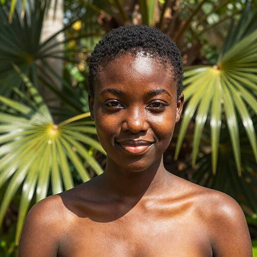 Photograph of smiling, topless young African boy with short curly hair, dark brown skin, standing against a backdrop of large green palm leaves. Sun