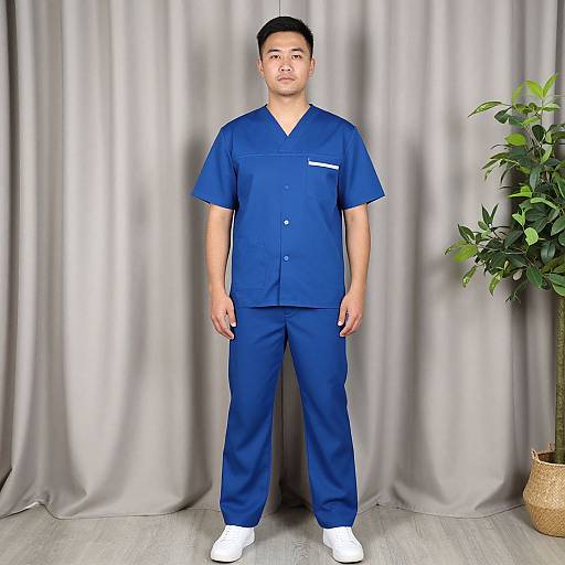 Photograph of a young Asian male in blue medical scrubs standing against gray curtains, with a green plant and wicker basket on the right.