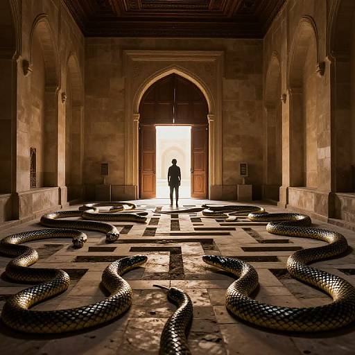 Photograph of a silhouetted figure standing in an illuminated doorway, surrounded by large, coiled snakes on a patterned stone floor in a