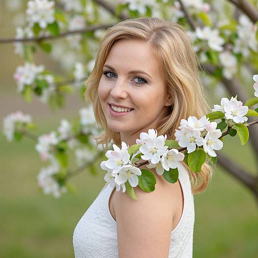 Photograph of a smiling blonde woman with blue eyes, wearing a white lace sleeveless top, standing in front of blooming white cherry blossoms.