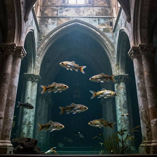 Photograph of colorful goldfish swimming inside a dark, Gothic-style stone archway with columns, illuminated from above, creating an underwater effect.