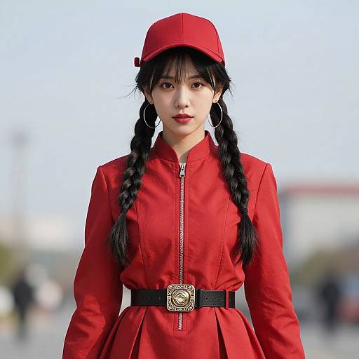 Photograph of an Asian woman with black braided hair, wearing a red cap, red zip-up dress, black belt, and silver emblem, standing