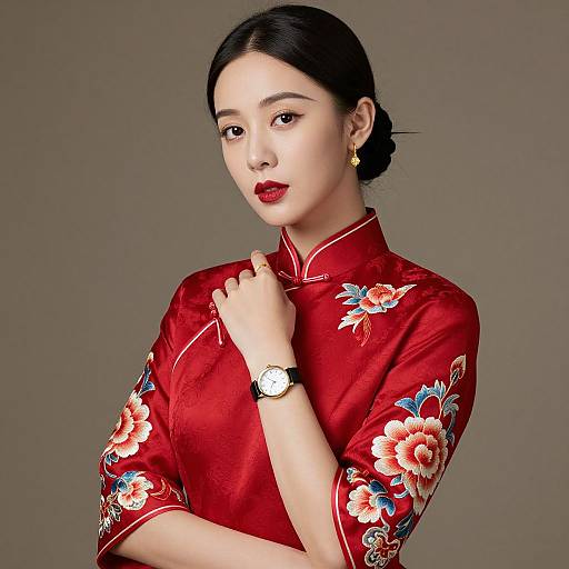 Photograph of an East Asian woman with fair skin, black hair in a bun, wearing a red floral qipao, black wristwatch, and