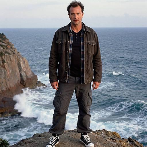 Photograph of a rugged man with short dark hair, black jacket, plaid shirt, black pants, and sneakers, standing on a coastal cliff overlooking